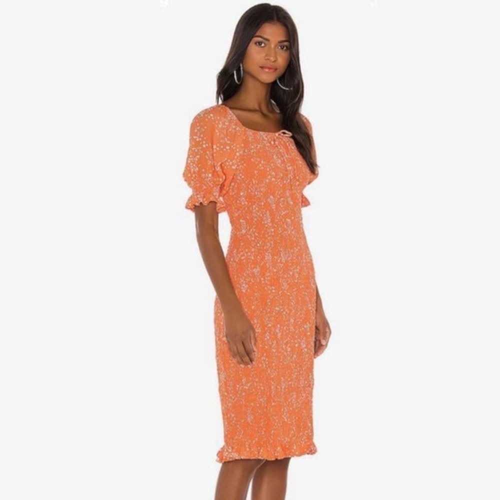 Faithfull The Brand Shirred Orange Stevie Floral Crepe Midi Dress Women’s US 2